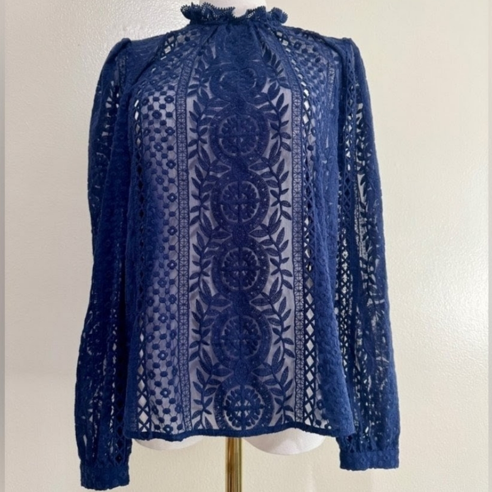 RARE Sezane Navy Lace Long-Sleeve Blouse - Picture 7 of 12